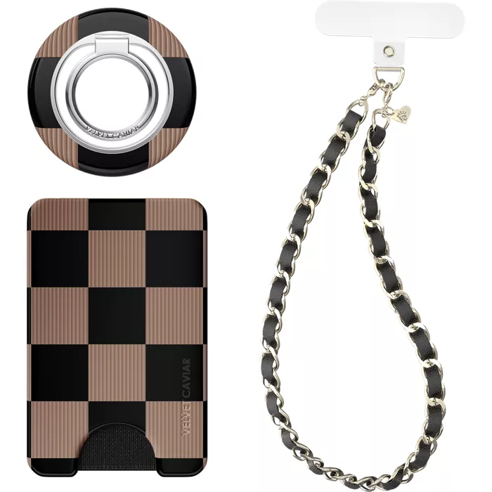 Velvet Caviar Phone Accessory Gift Set with MagSafe Wallet, Grip Stand and Wristlet - Mocha Vibe Checker