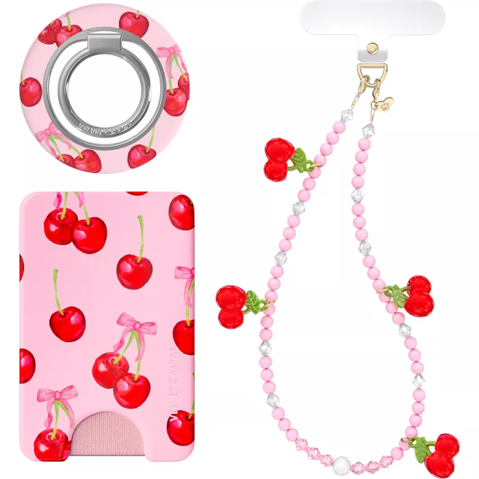 Velvet Caviar Phone Accessory Gift Set with MagSafe Wallet, Grip Stand and Wristlet - Sweet Cherry