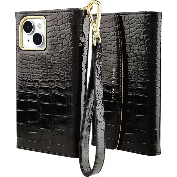 Elizabeth James Wristlet Folio Case with MagSafe for iPhone 16e/15/14/13 - Black Croc