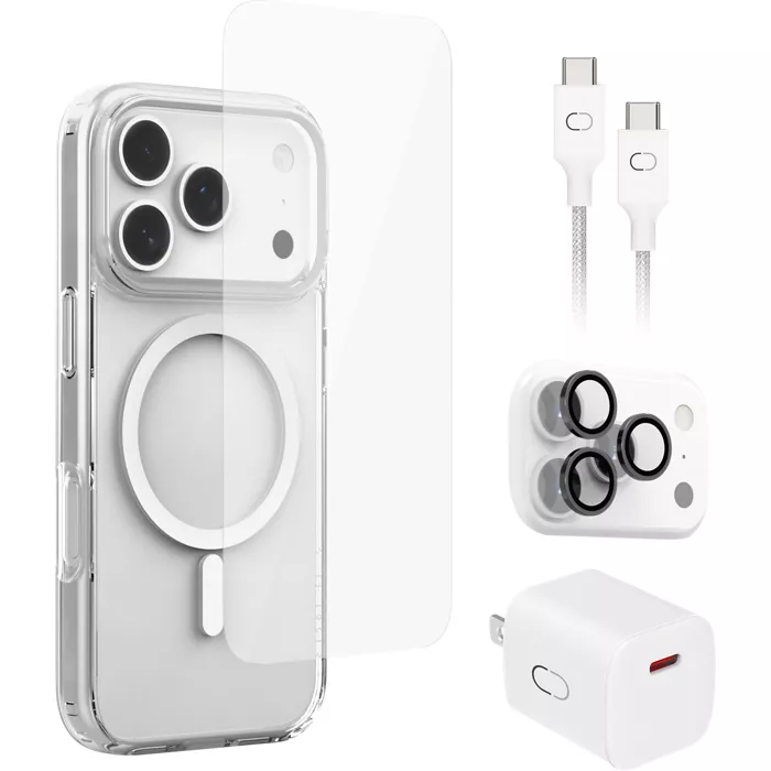 CRAFTED 5-in-1 Bundle Slim Clear Case with MagSafe, Screen Protector, Charging Bundle for iPhone 17 Pro